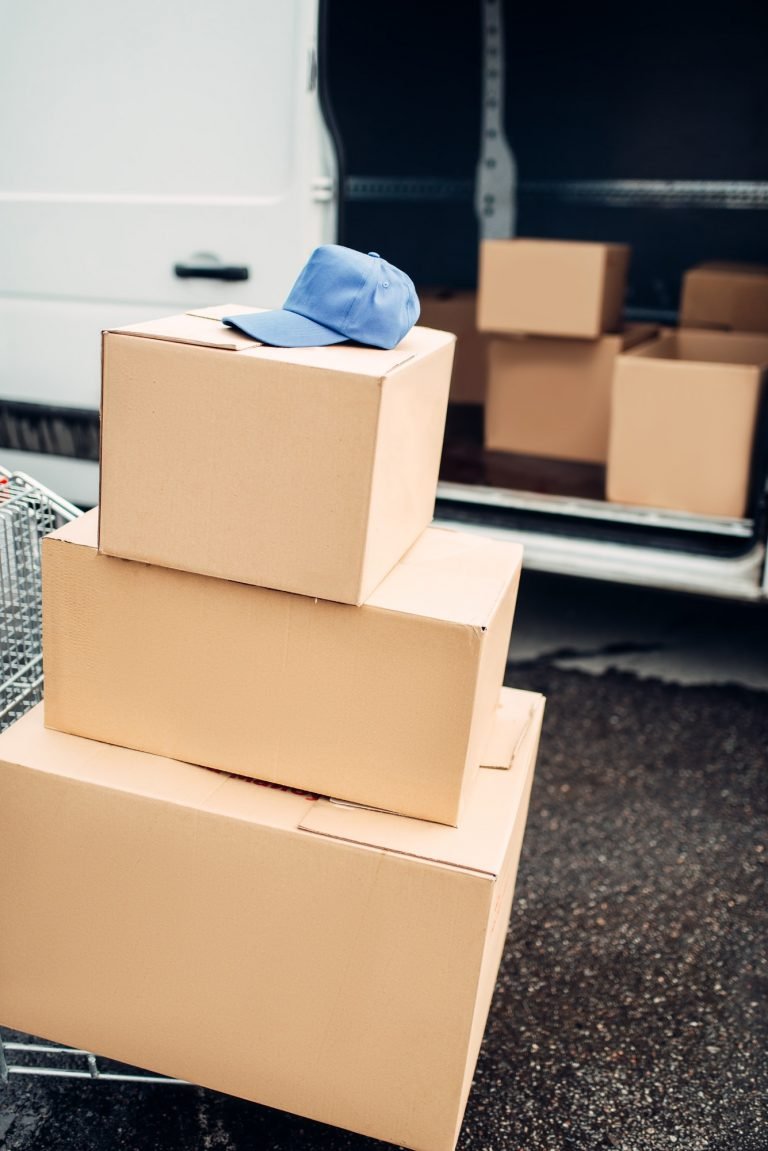 Trolley with boxes against truck, male logistic